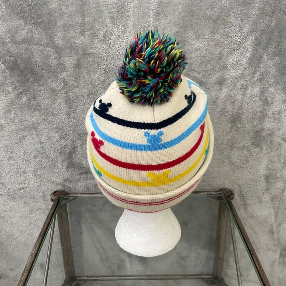 Disney Junior Mickey Mouse Beanie Hat Cuffed Pom Pom Rainbow OSFM